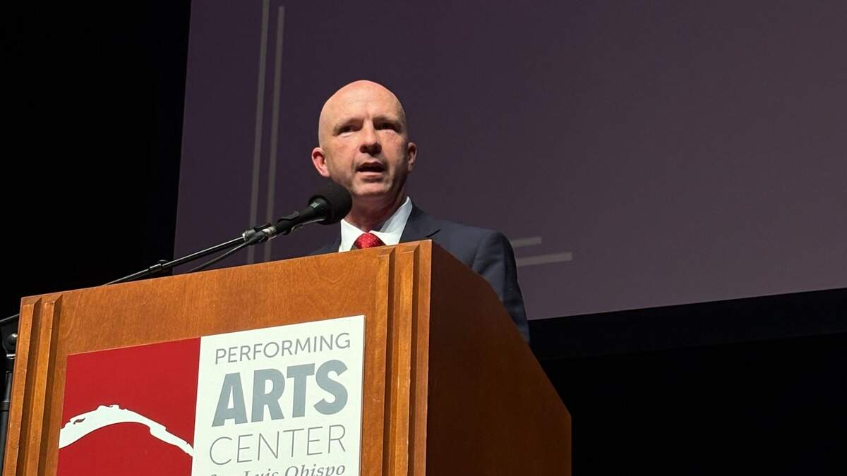 SLO County District Attorney Dan Dow speaks at a vigil honoring the life of conservative activist Charlie Kirk at Cal Poly on Sept. 29, 2025.
