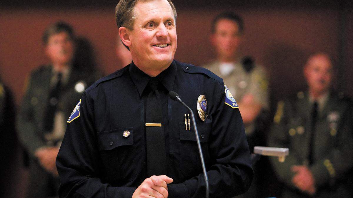 Tim Olivas says a few words to those attending a Morro Bay City Council meeting in April 2010, when he was sworn in as the city's new police chief.