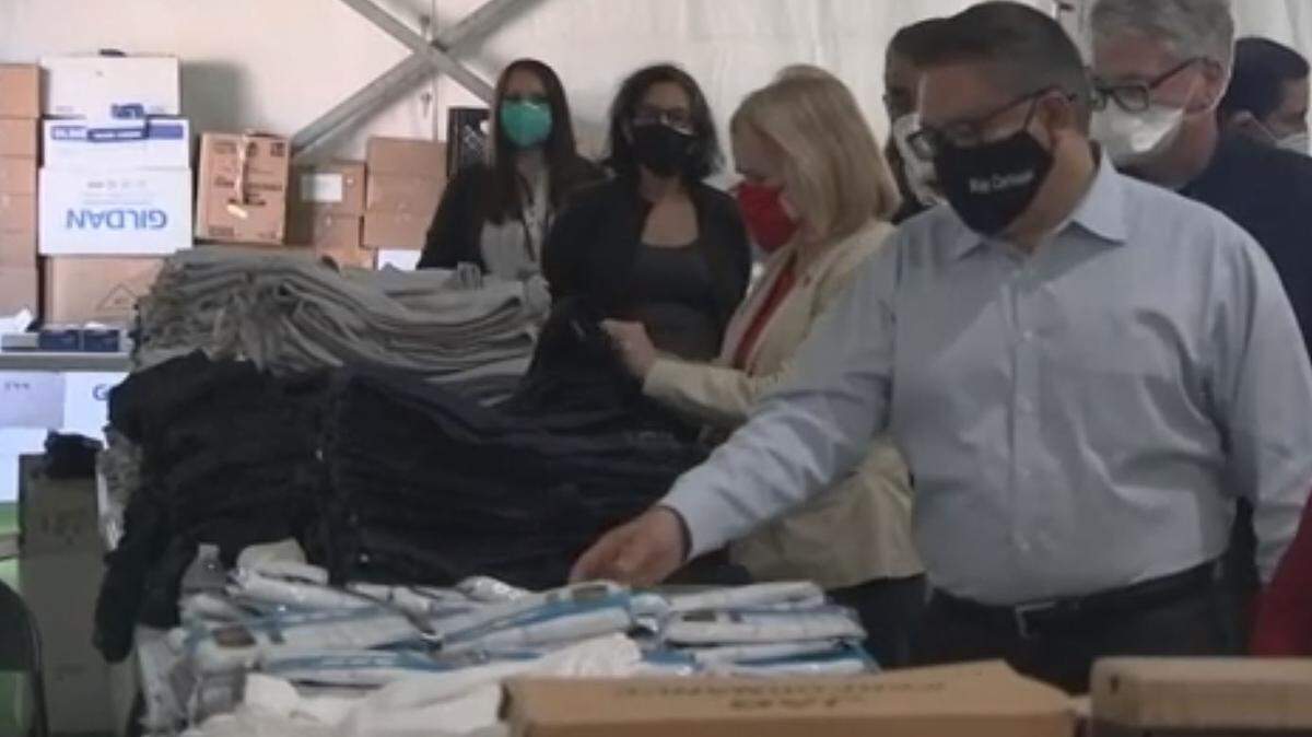 U.S. Rep. Salud Carbajal (D-Santa Barbara) tours the U.S. Dept. of Health and Human Services’ Carrizo Springs Influx Care Facility in Carrizo Springs, Texas, on Wednesday, March 24, 2021.