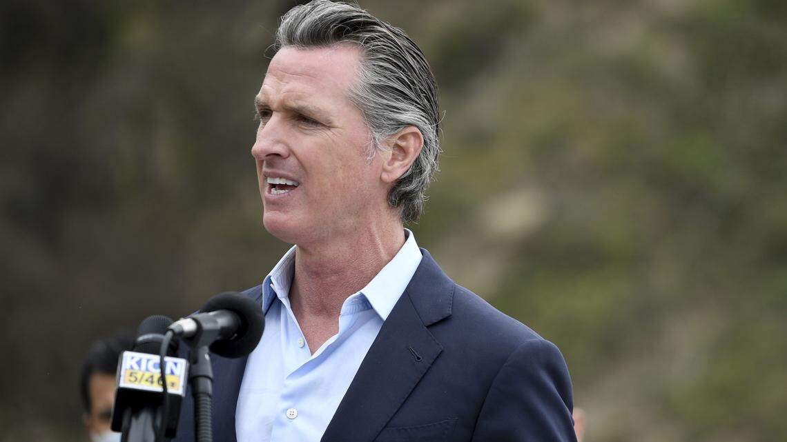 California Gov. Gavin Newsom speaks during a news conference about the newly reopened Highway 1 at Rat Creek near Big Sur on Friday, April 23, 2021.