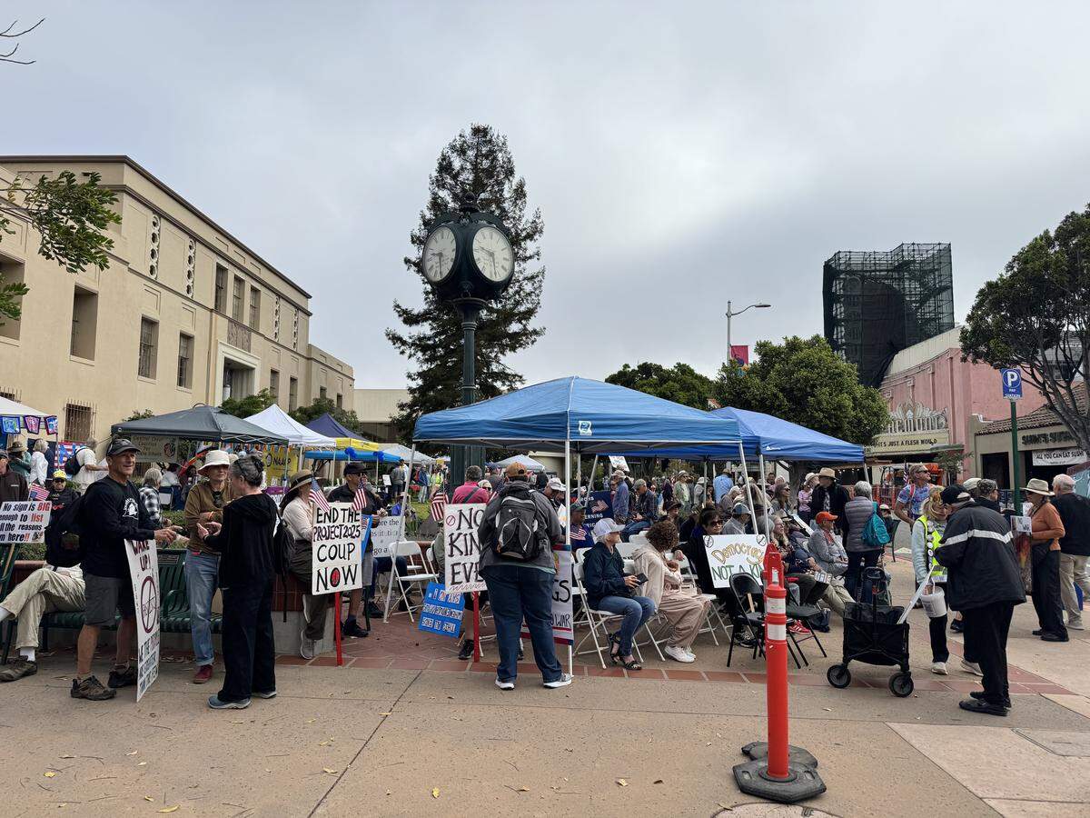 Residents across SLO County rallied downtown at the San Luis Obispo Superior Courthouse for a No Kings protest featuring speakers, music and community groups on March 28, 2026.