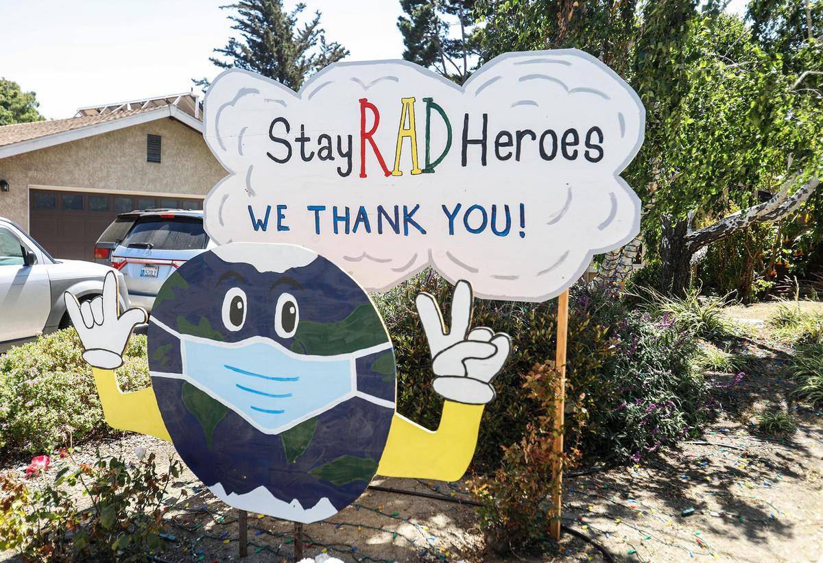 Ryan Beck, owner of Studio @ Ryan’s American Dance in San Luis Obispo, built a tribute to frontline workers at his father-in-law’s home on Pereira Street in San Luis Obispo.