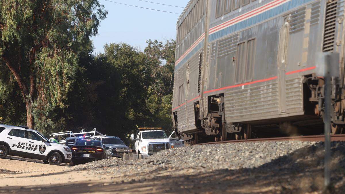 Amtrak’s southbound Coast Starlight train is stopped in Templeton on Friday afternoon after hitting a work truck at a private intersection. The driver suffered only minor injuries.