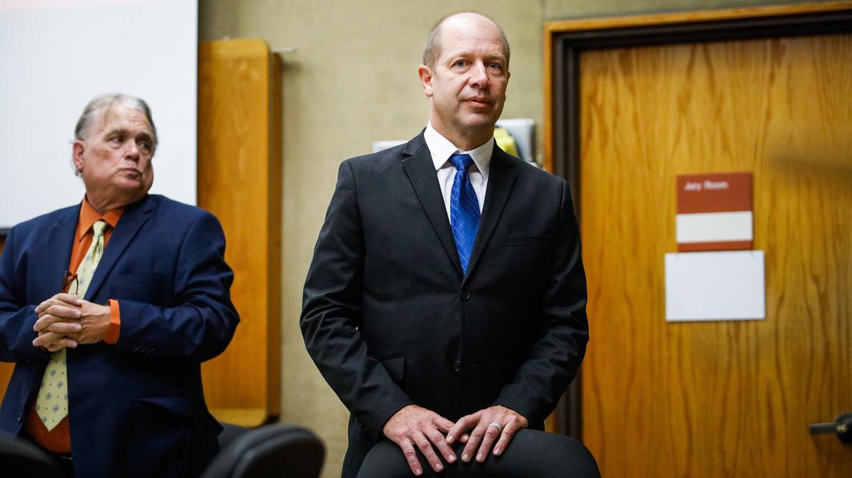 Nathan Rieger, 53, right, stands next to defense investigator Robert O’Day in San Luis Obispo Superior Court on Dec. 6, 2018. Rieger on Friday was found guilty of attempting to meet with a 15-year-old for a sexual act in Arroyo Grande. Rieger resigned as a pastor at Winnipeg Centre Vineyard Church in Canada after his arrest.