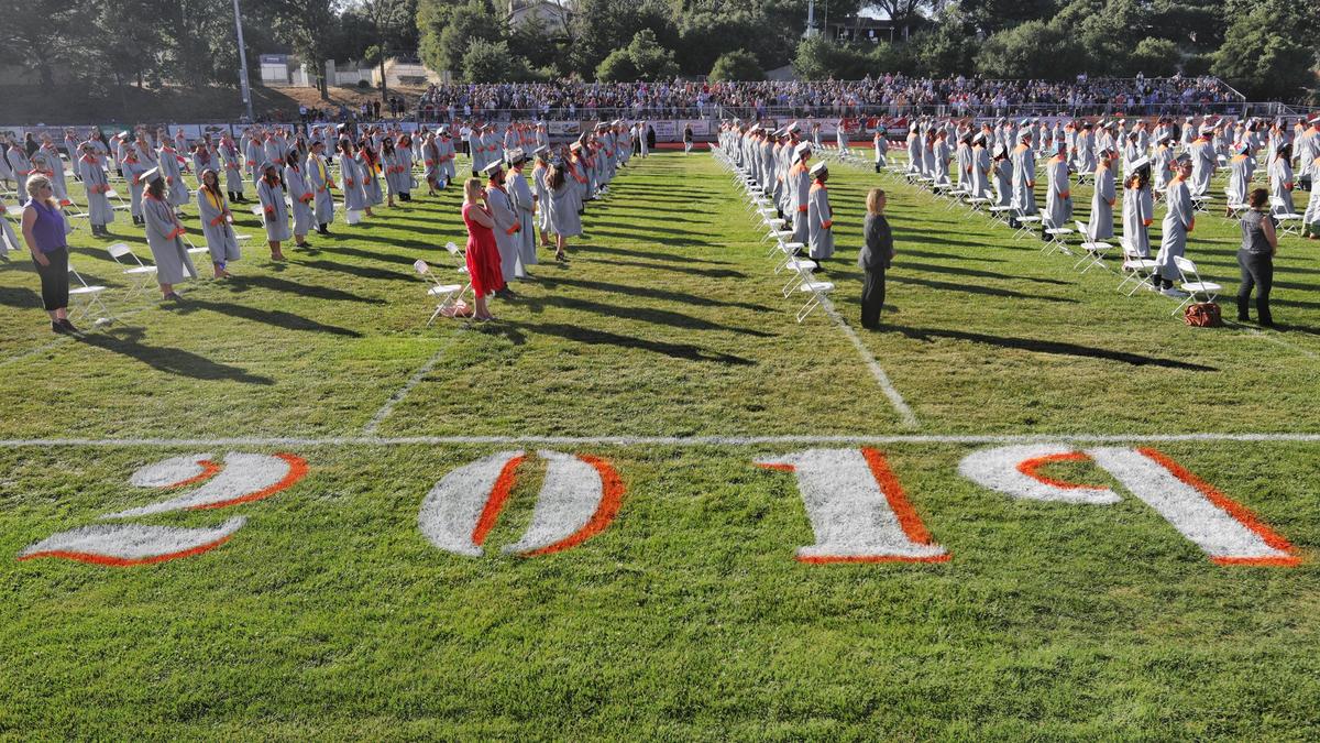 Graduating seniors from the Class of 2019 fill the field during Atascadero High School’s commencement ceremony on Wednesday.