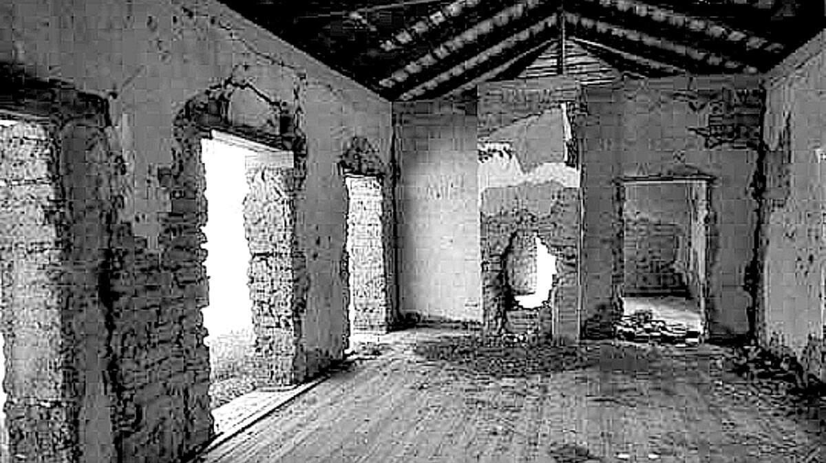 The interior of the Vasquez-Hollister Adobe prior to reconstruction in 1965.