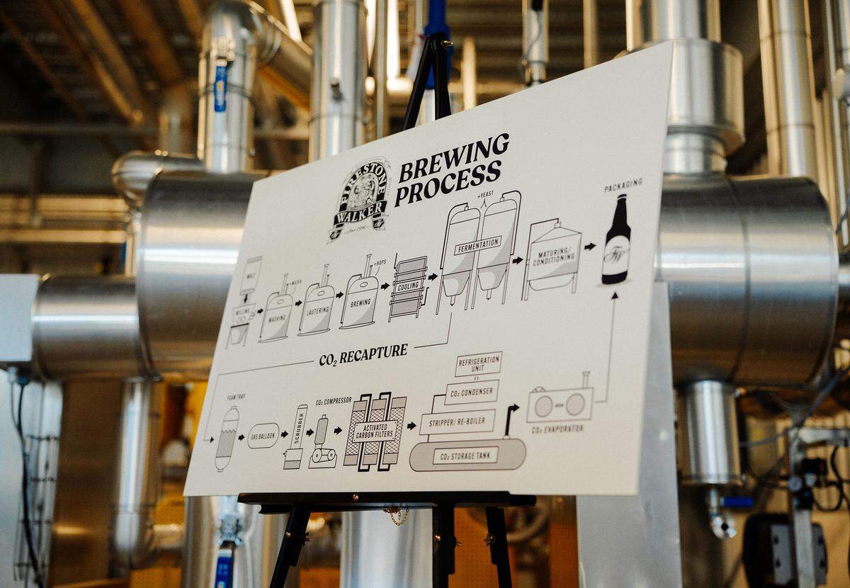 A sign showing the brewing process using a new carbon dioxide recovery system at Firestone Walker Brewing Company in Paso Robles.