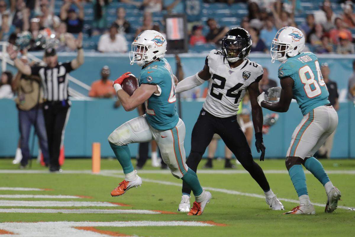 Miami Dolphins running back Patrick Laird (42) reacts after scoring a touchdown as Jacksonville Jaguars cornerback Quenton Meeks (24) and wide receiver Isaiah Ford (84) look on during the second half of an NFL football preseason game Thursday, Aug. 22, 2019, in Miami Gardens, Fla. (AP Photo/Lynne Sladky). Laird enters his third NFL season this year.