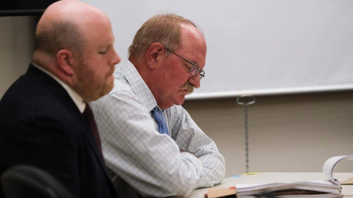 James Peter Thomas, right, and his lawyer, Kevin Gres, during Thomas’ sentencing hearing in San Luis Obispo Superior Court on June 5, 2024.