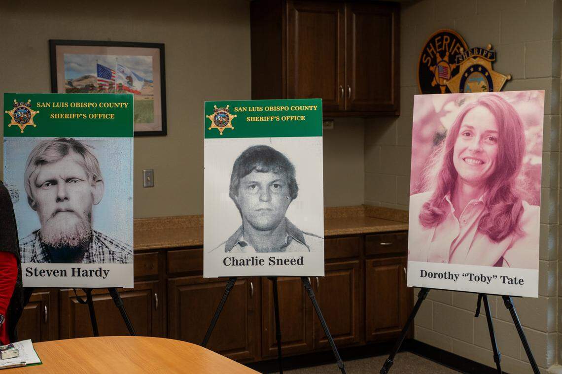 The San Luis Obispo County Sheriff’s Office held a press conference on the involvement of Steven Hardy and Charley Sneed (name misspelled in sign above) in the murder of Dorothy “Toby” Tate on Tuesday, Jan. 20, 2026. Tate was found fatally shot in a van parked along Highway 1 on Nov. 15, 1983.