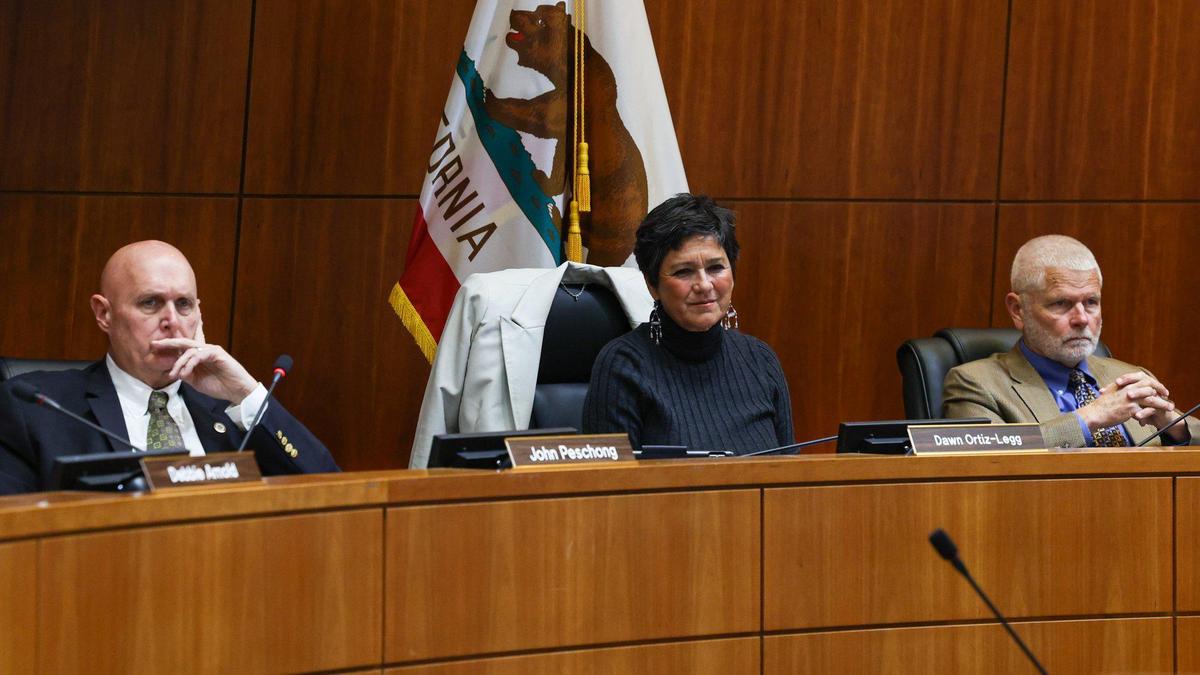 San Luis Obispo County Supervisors John Peschong, Dawn Ortiz-Legg, Bruce Gibson listen to public comment Feb. 7, 2023. The board voted 4-1 at its Tuesday, June 20, 2023, meeting lower to the county’s cannabis business tax rate.