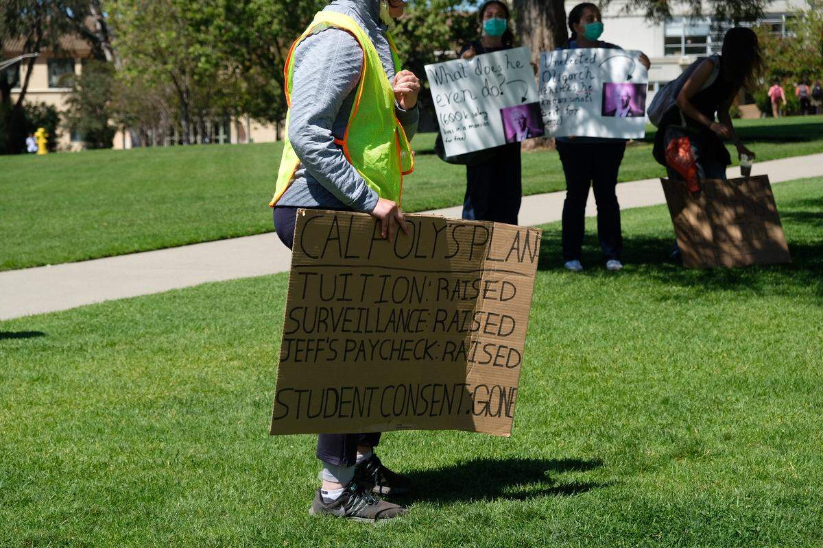 Students protested the use of Flock cameras, citing concerns about safety and privacy at Cal Poly on May 15, 2026.