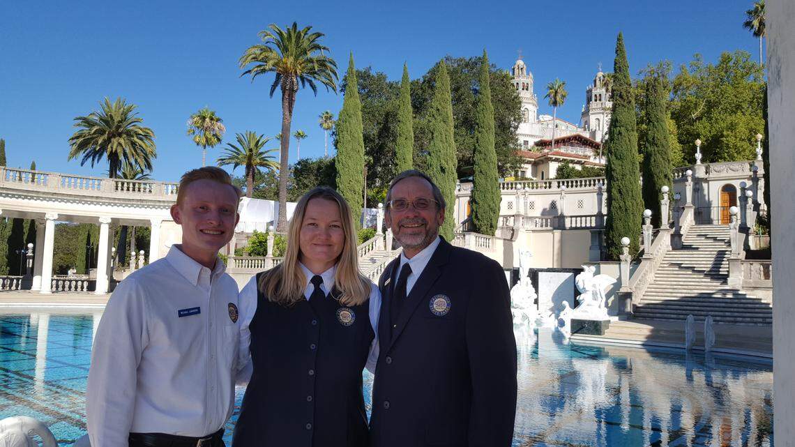 Hearst Castle guides, from left, Michael Langberg, Jessica Harvey and Mike Davis, share what they like about their State Park jobs at the world-famous art museum and former San Simeon estate of media mogul William Randolph Hearst.