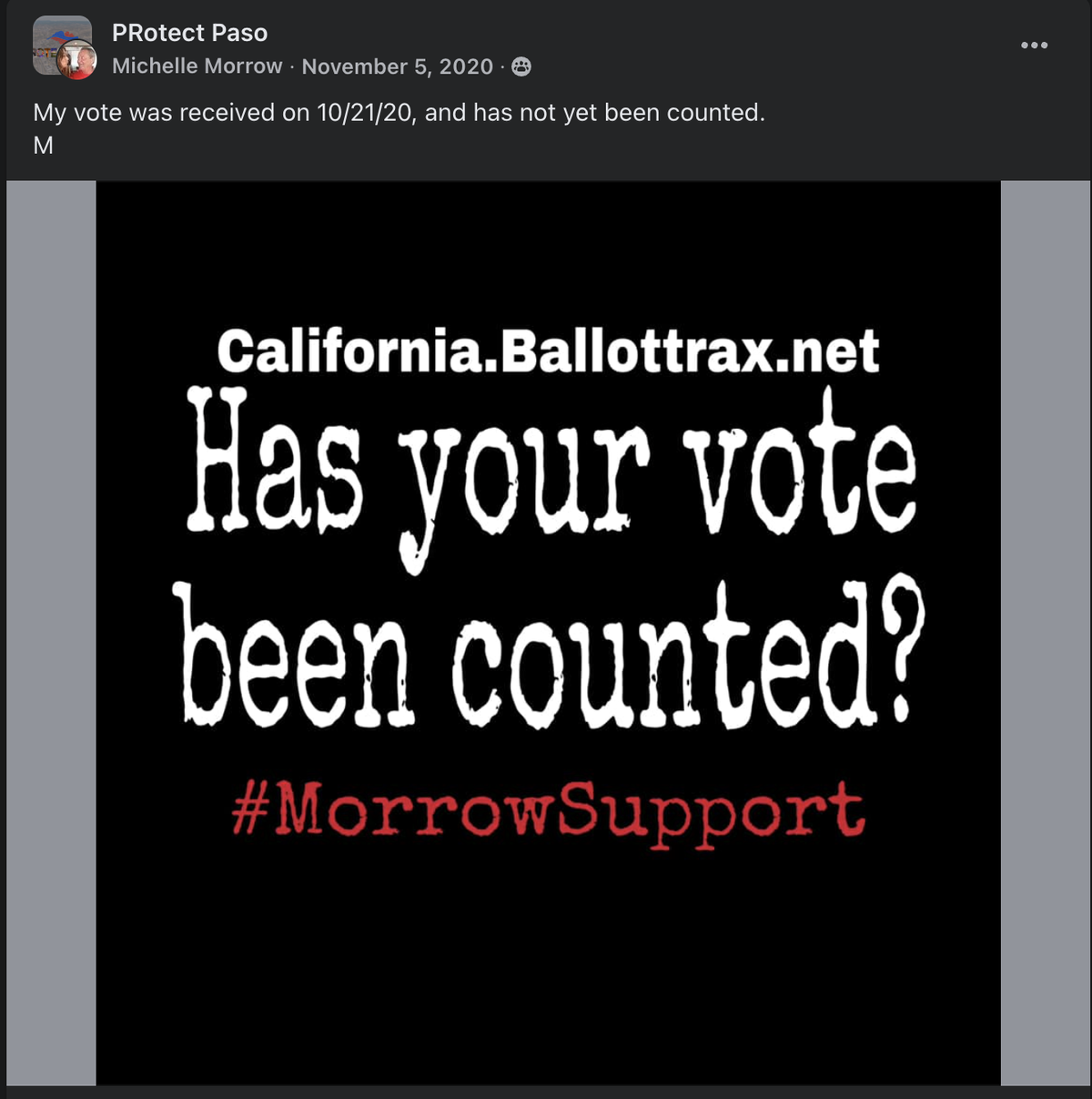 Michelle Morrow posted about tracking ballots in the Facebook group PRotect Paso in 2020.