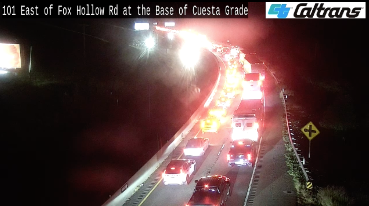 Traffic is stopped on southbound Highway 101 near the base of the Cuesta Grade after a multi-vehicle crash on Saturday night, March 28, 2026.