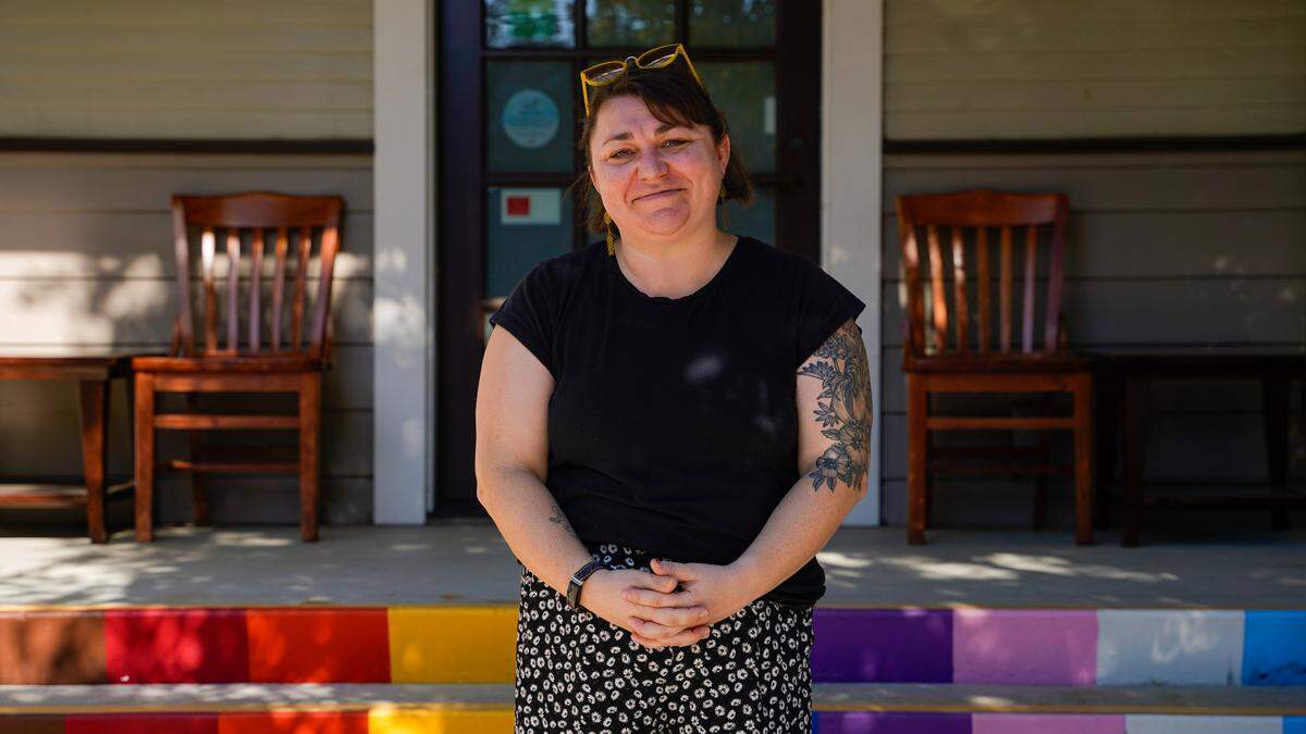 GALA Pride and Diversity Center board president Julia Thompson stands outside of the organization’s 1060 Palm St. offices Monday, Oct. 7, 2024. Thompson said the nonprofit is facing a difficult financial situation after the organization’s fundraising declined in recent years.