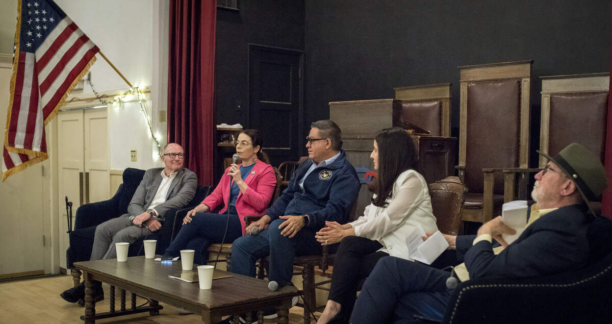 From left, Assemblymember Gregg Hart, Assemblymember Dawn Addis, Rep. Salud Carbajal, Sen. Monique Limón and Sen. John Laird attend a town hall hosted by the San Luis Obispo County Democratic Party on June 6, 2026.