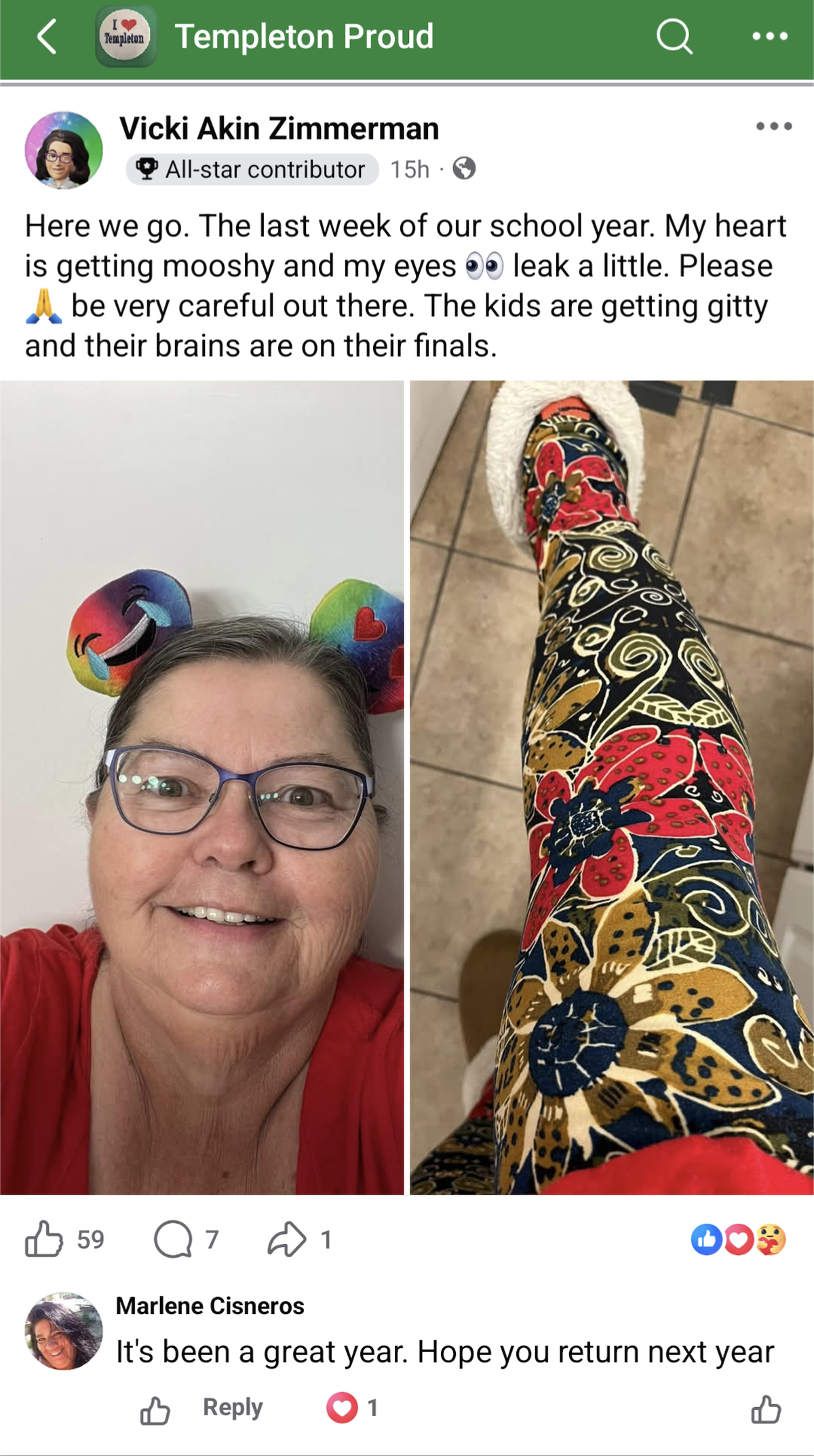 Templeton crossing guard Vicki Zimmerman is known among students and families for the colorful outfits and whimsical headgear she wears throughout the school year. Zimmerman often shares updates and photos with community members through social media.