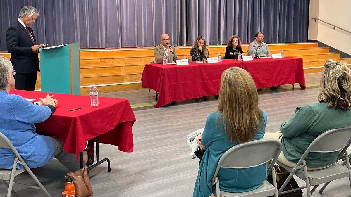 Candidates for the Templeton Unified School District board of trustees answered questions during a League of Women Voters forum held at Vineyard Elementary School in western Templeton on Oct. 12. From left to right at the table: Matt Allison, Janel Armet, Jen Grinager, Jason Tesarz.