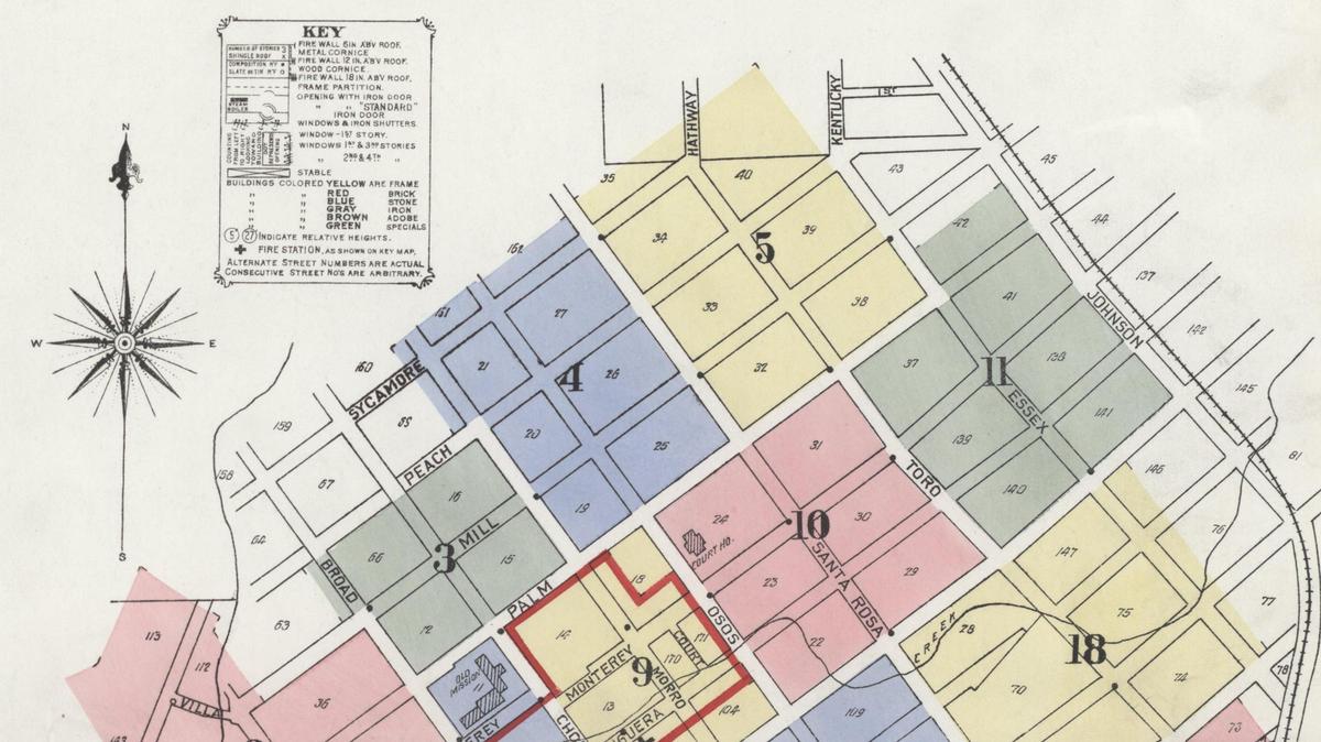 Detail of 1909 sanborn fire map of San Luis Obispo shows Sycamore Street renamed in 1940 by the city to Walnut. Sycamore was for many years the red light district in town.