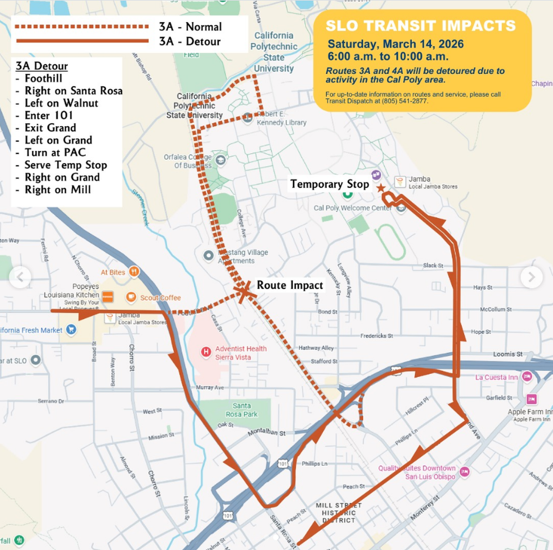 Bus routes will be detoured to avoid affected areas for St. Fratty’s Day on March 14, 2026.