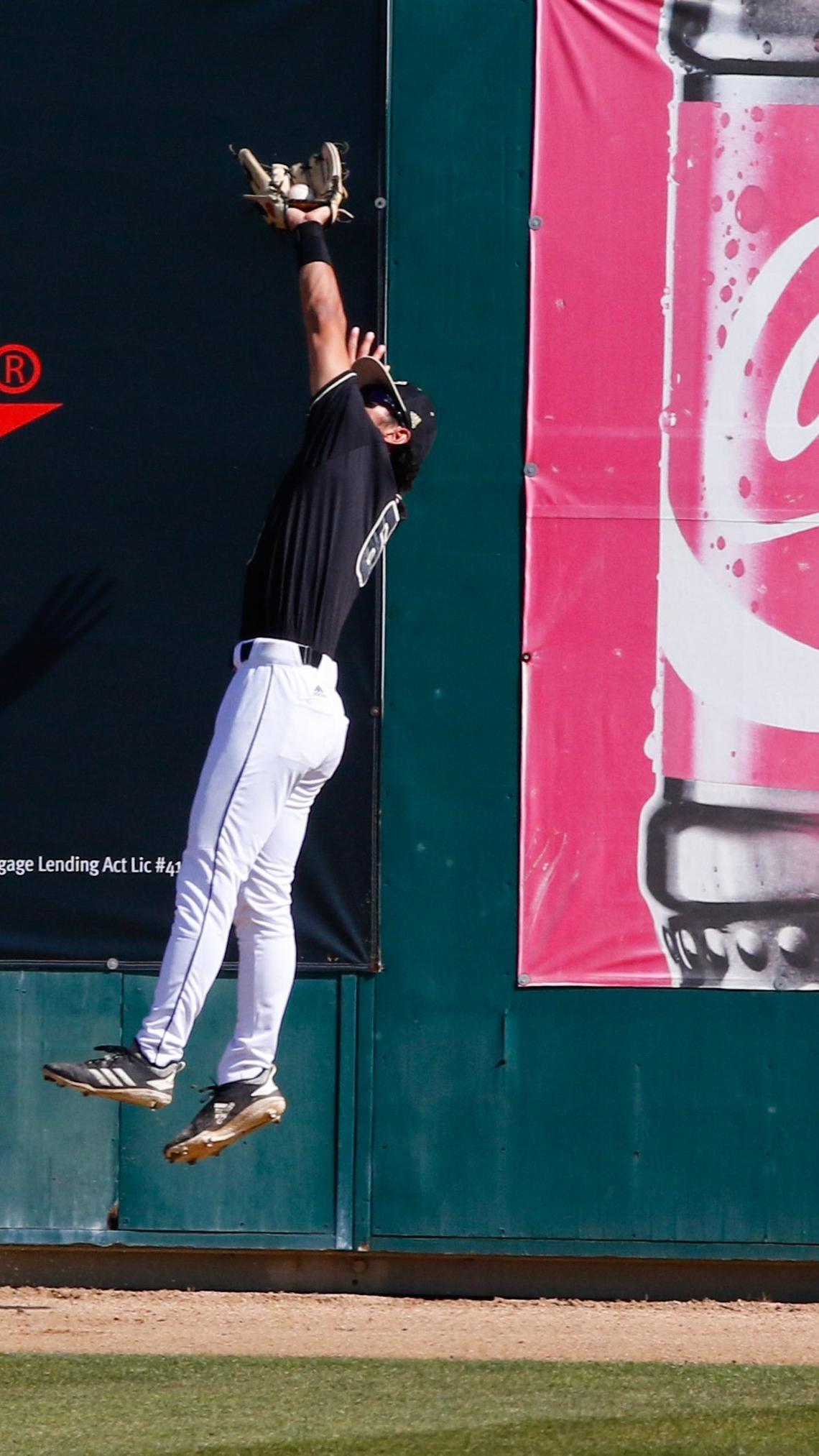 Cal Poly’s Cole Cabrera hauls in a long out off the bat of Cal’s Cameron Eden on Sunday, the final game of a weekend non-conference series.