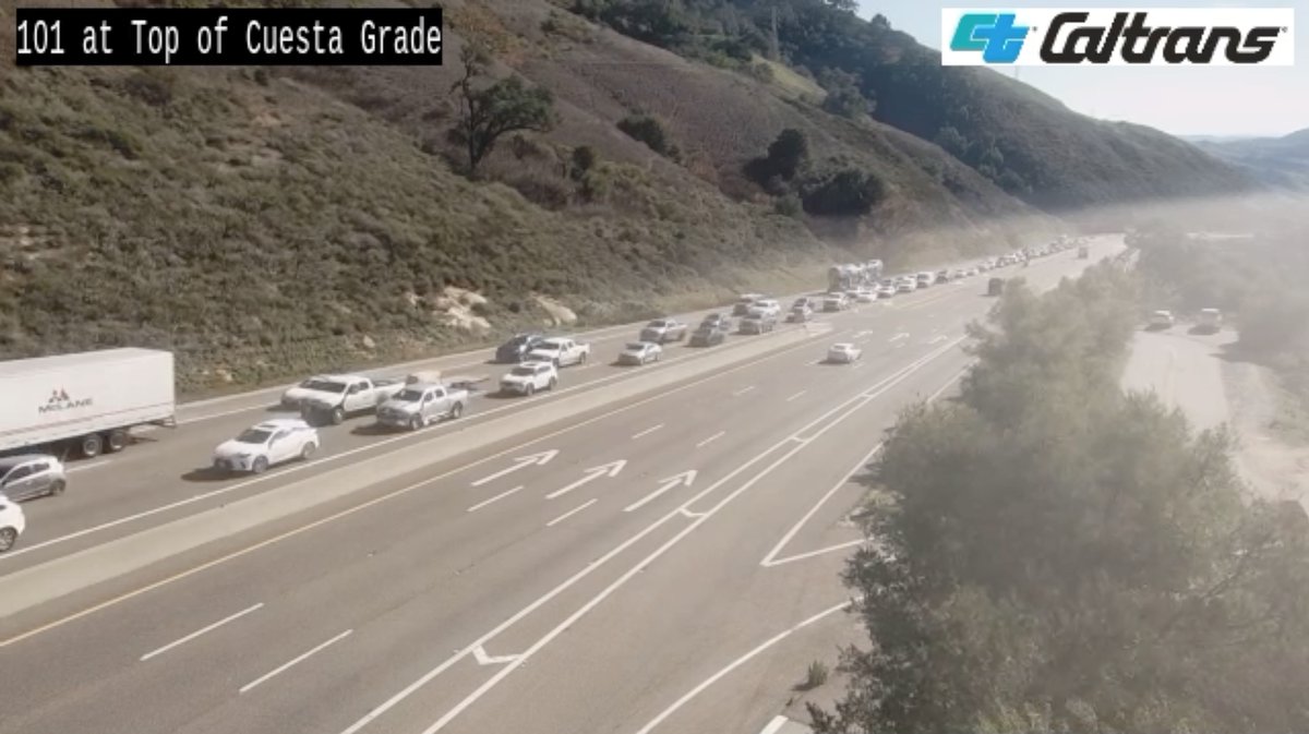 Traffic backs up on Highway 101 northbound over the Cuesta Grade after a car fire on Dec. 16, 2025.