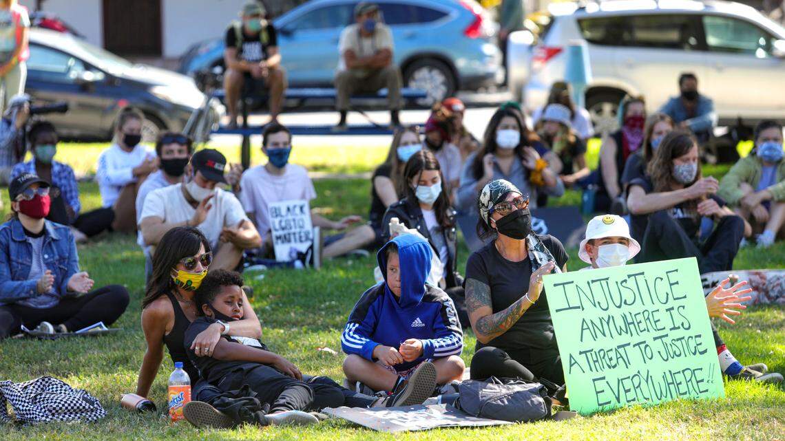 Protesters gather at Mitchell Park for a “No Justice No Peace” rally and march on July 21, 2020.