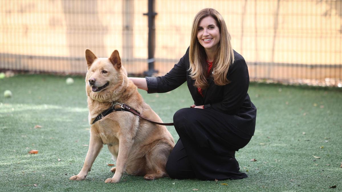 Emily L’Heureux, Woods Humane Society CEO, with Koa, a dog who was ready to be adopted as of Feb. 14, 2025.