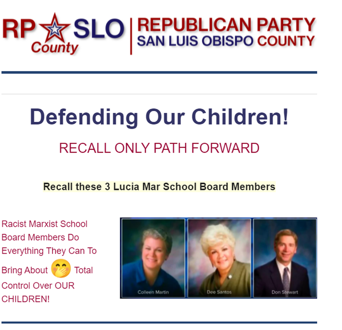 The SLO County Republican Party is circulating emails supporting the Lucia Mar recall effort.