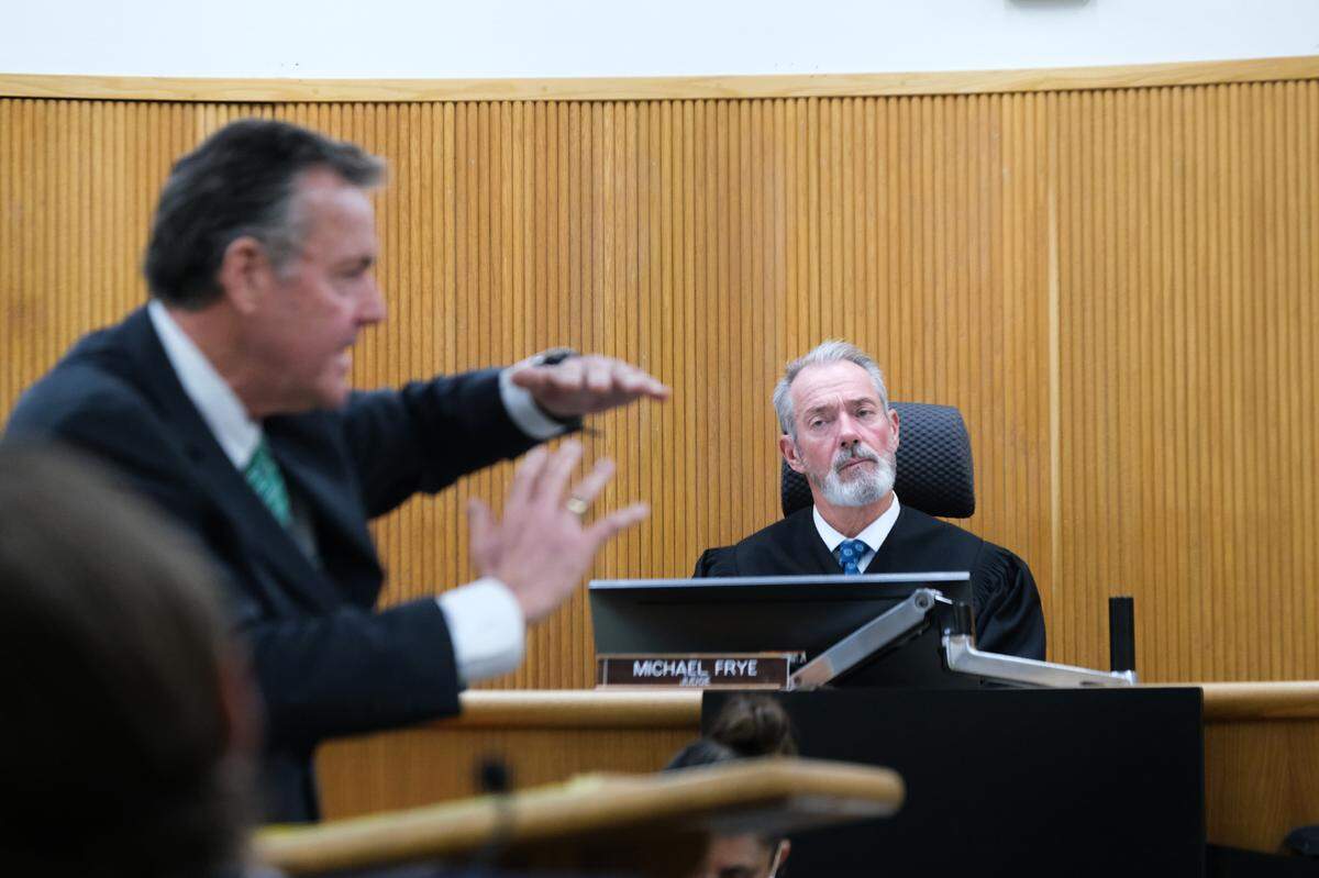 San Luis Obispo Superior Court Judge Michael Frye listens as defense attorney Paul Phillips gives jurors his closing arguments in the case against his client, Christopher Winters, on March 25, 2024. Winters is accused of driving the second car to run over Steve Leon on July 3, 2021. Leon died of his injuries.