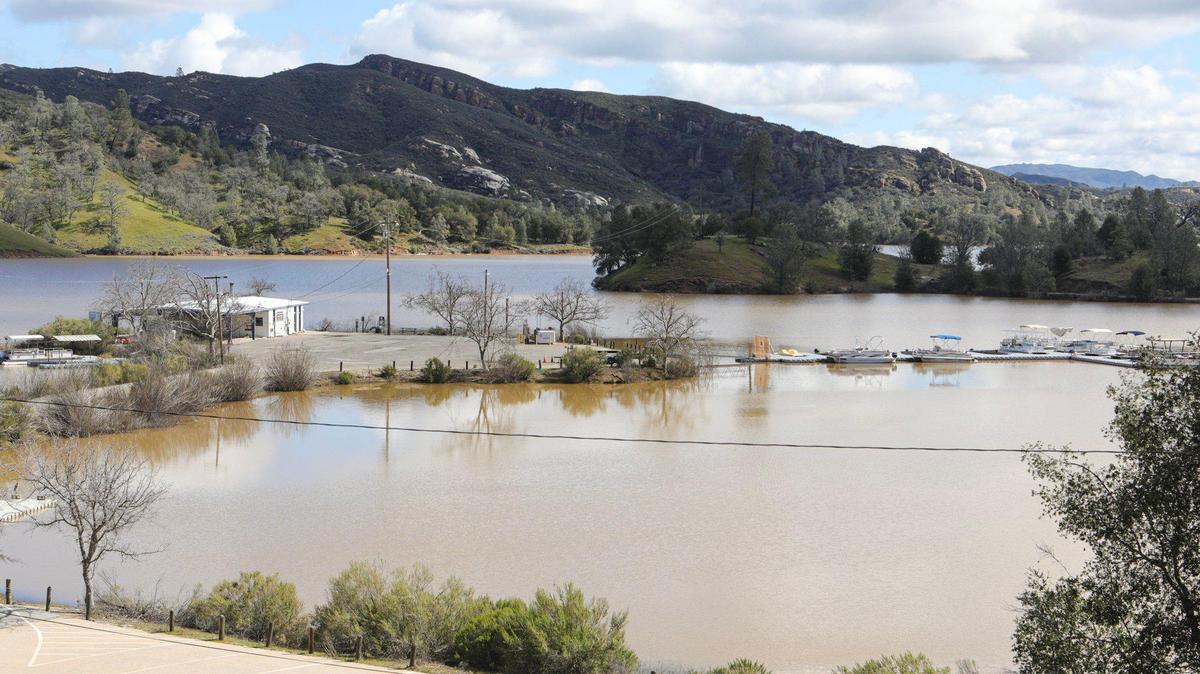 Santa Margarita Lake was full and spilling at 103% capacity on March 7, 2023.