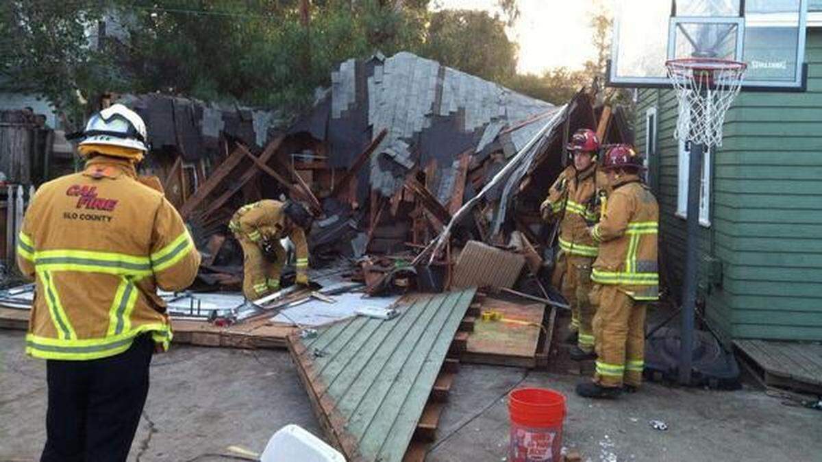 Emergency crews at the scene of a roof collapse in San Luis Obispo.