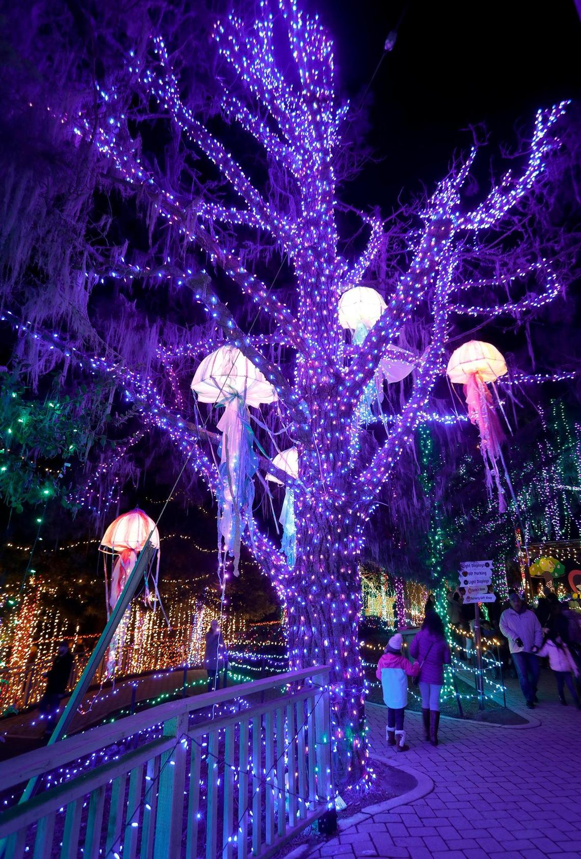 A tree at the Cambria Christmas Market is decked out in purple lights and jellyfish on Wednesday, Dec. 14, 2022.