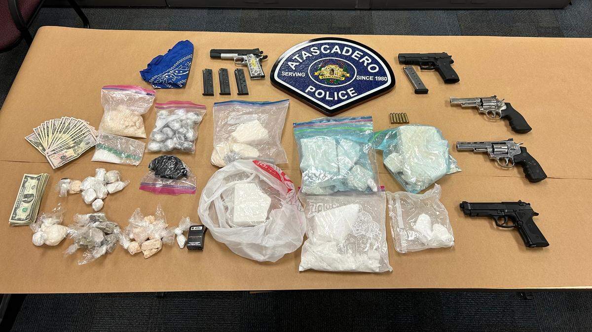 Two San Luis Obispo County residents who were running a large-scale drug trafficking operation were arrested with nearly 12 pounds of illegal narcotics, three handguns and two replica guns in May 2025.