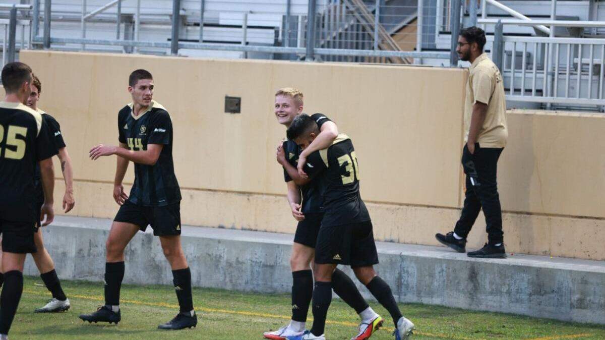 Defender Jacob Glass and midfielder Neil Boyal embraced after Glass scored on an assist by Boyal. The Mustangs defeated Cal State Northridge 1-0 at Alex G. Spanos Stadium on Oct. 3.