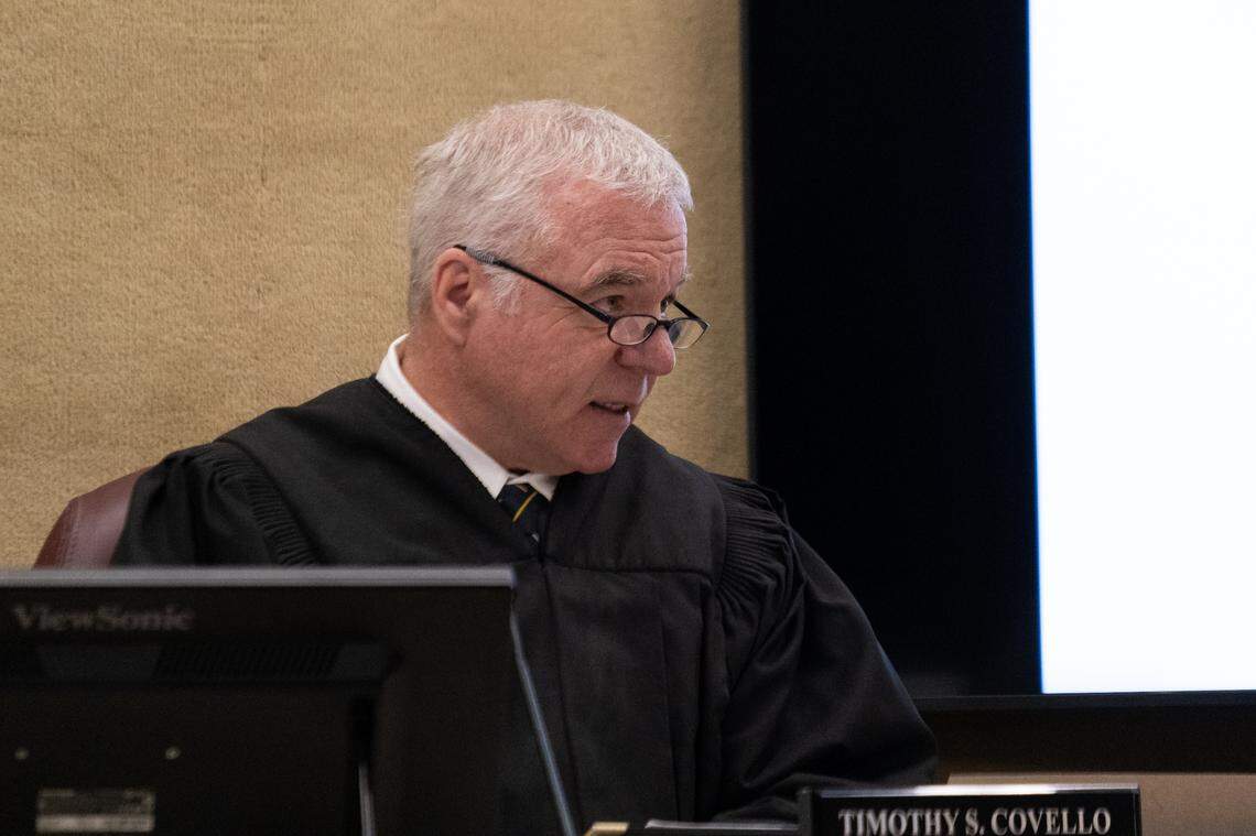 San Luis Obispo Superior Court Judge Timothy Covello speaks to the jury before opening statements in the sex trafficking case against Joshua Murphy, Tremaine Jones and Heather Hunt in San Luis Obispo Superior Court on June 17, 2025. 