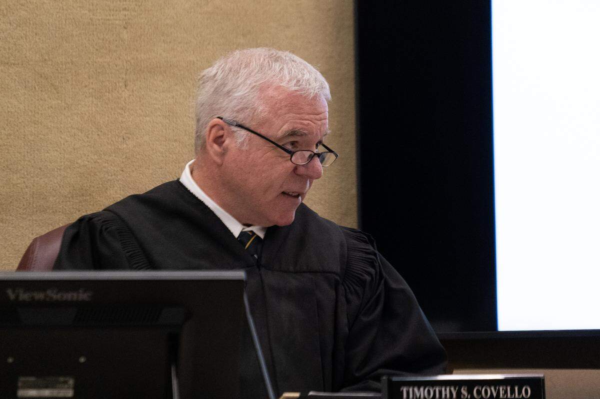 San Luis Obispo Superior Court Judge Timothy Covello speaks to the jury before opening statements in the sex trafficking case against Joshua Murphy, Tremaine Jones and Heather Hunt in San Luis Obispo Superior Court on June 17, 2025. 