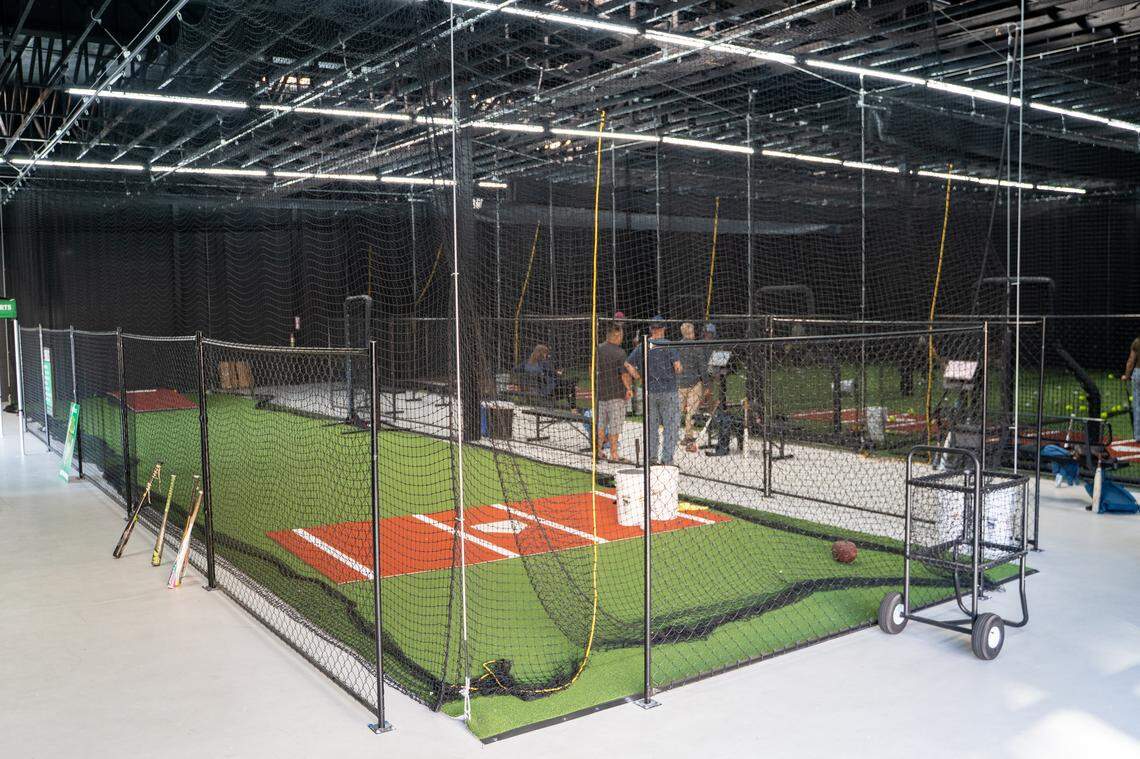 SLO Swing Sports features multiple batting lanes, featuring a pitching simulator and a throwing practice cage, pictured here on Friday, Oct. 10, 2025. Owned by father and son duo Andy and Nico Mendoza, the batting complex is expected to hold its grand opening by the end of October.