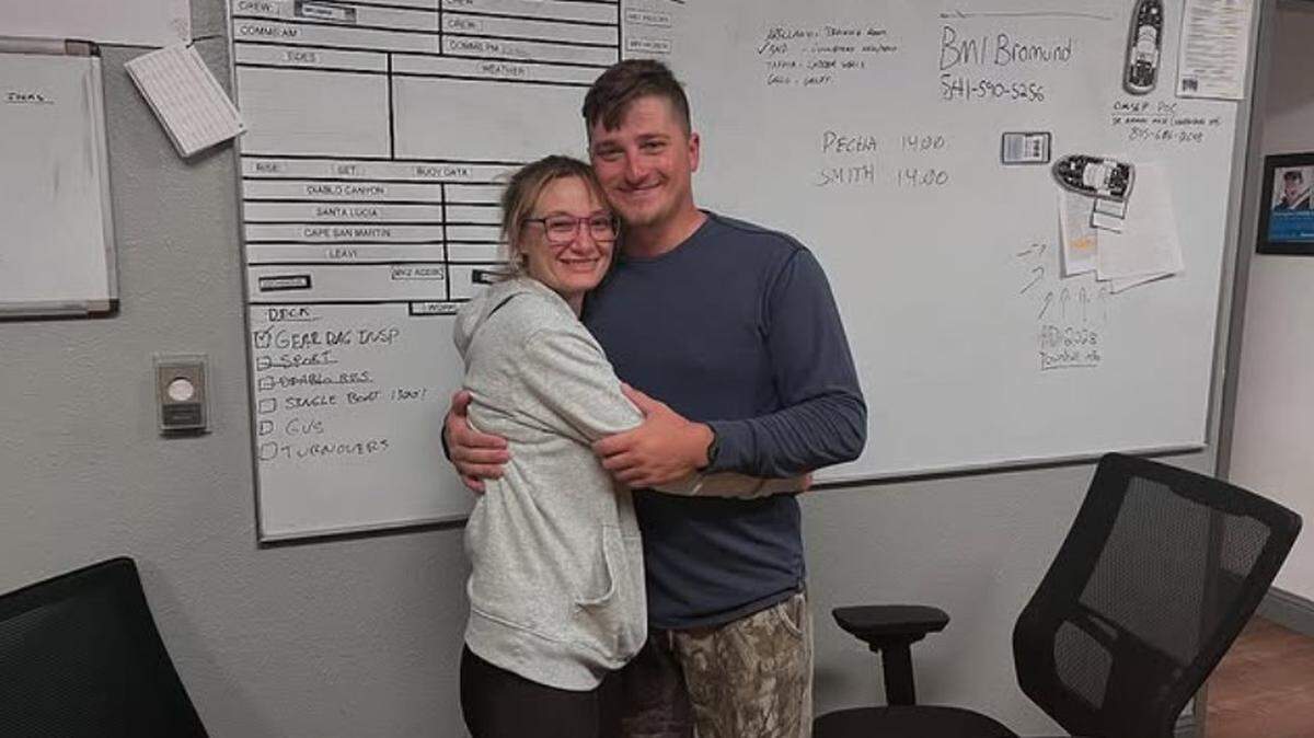 John Gsell, right, was rescued on the Morro Bay coast on Saturday, Aug. 9, 2025, after he fell off his boat and was stranded on a buoy near Morro Rock.