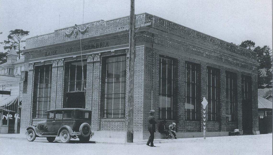 A section of this Bank of America building used to house the Cambria Public Library from 1931 to 1938. The building still exists at the corner of Main and Bridge streets, but the library is now in its own building at 1043 Main St.