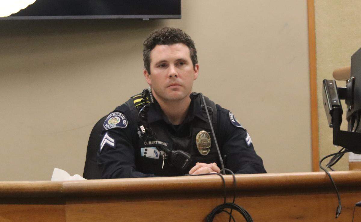 Atascadero Police Officer Craig Martineau, seen here in court on April 2, 2026, testified in the preliminary hearing of Giovanni DeGarimore, owner of Giovanni’s Fish Market in Morro Bay, who will face trial for multiple felony charges including the possession of child pornography and illegal guns.