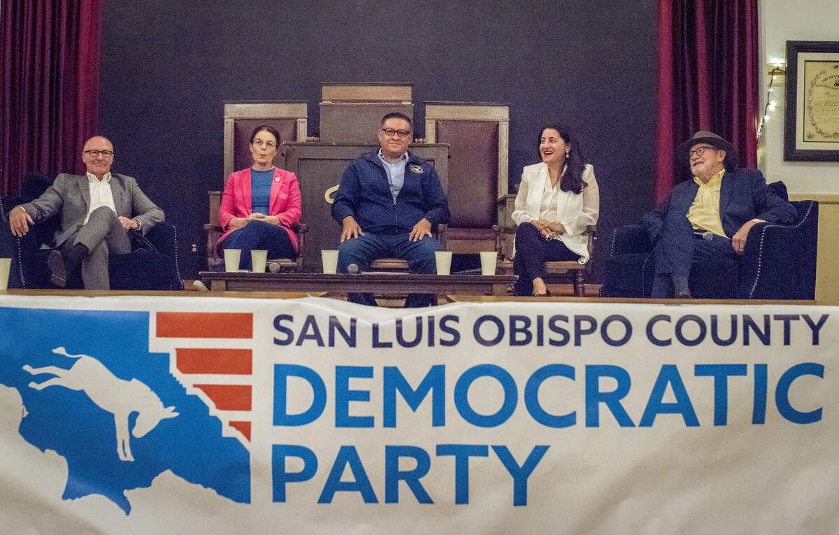 From left, Assemblymember Gregg Hart, Assemblymember Dawn Addis, Rep. Salud Carbajal, Sen. Monique Limón and Sen. John Laird at a town hall hosted by the San Luis Obispo County Democratic Party on June 6, 2026.