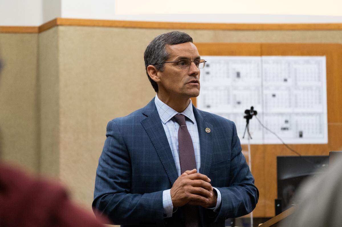 San Luis Obispo County Assistant District Attorney Eric Dobroth argues his closing statements for the jury hearing the case against Stephen Deflaun in San Luis Obispo Superior Court on Apr. 18, 2023.