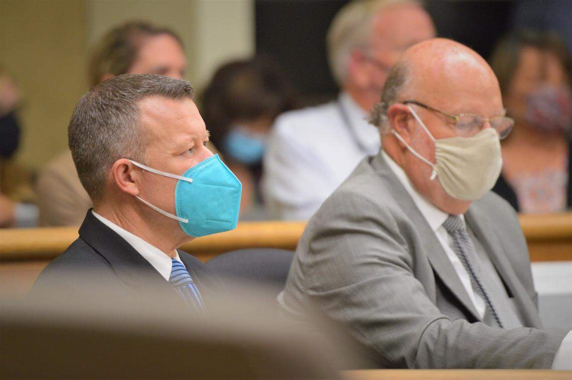 Murder defendant Paul Flores, left, and defense attorney Robert Sanger appear in San Luis Obispo Superior Court on Tuesday, Aug 31, 2021, during a preliminary hearing for Flores and his father, Ruben Flores.