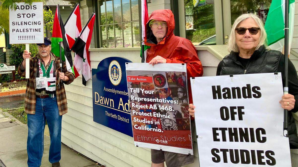 Pro-Palestine protesters picket outside of Assembly Member Dawn Addis’ office on March 6, 2025, in SLO to oppose Assembly Bill 1468, which one former teacher and activist called “a war on ethnic studies.”