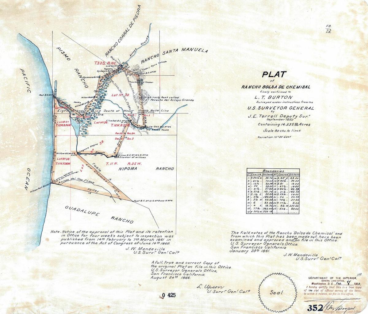 A plat map base on an 1860 survey of the Rancho Bolsa de Chemisal covering most of the land between Arroyo Grande Creek and Arroyo Oso Flaco from the San Luis Obispo County Department of Public Works.