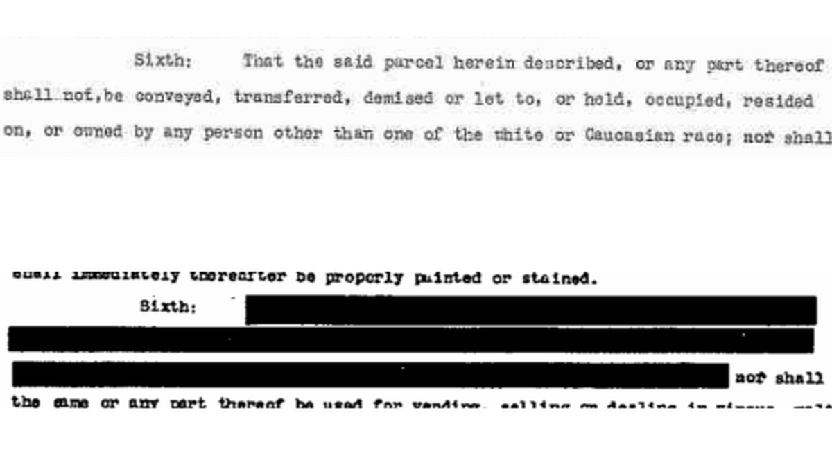 An image of a San Luis Obipspo County real estate document with the “whites only” clause redacted.