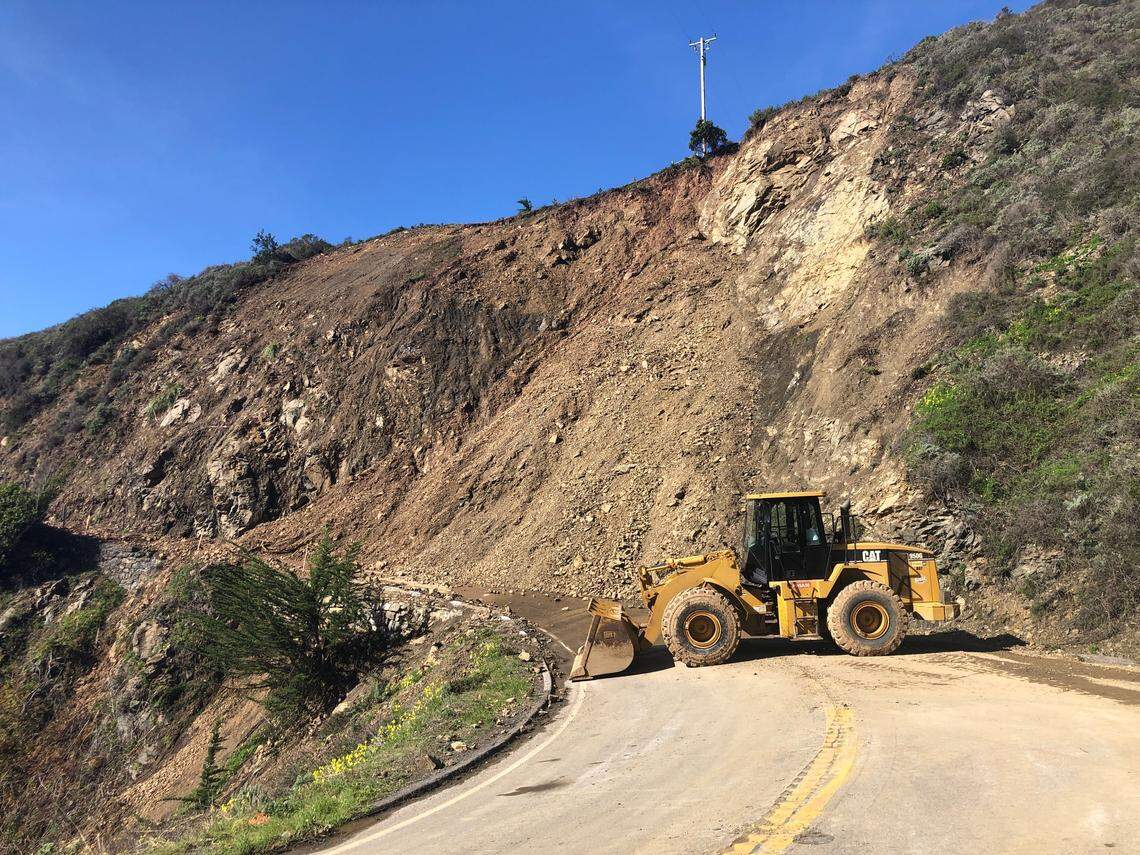 The power pole near the top of this photo taken Jan. 18, 2023, by Robert Moynier of Cambria is being threatened by continuing movement of the Polar Star landslide, one of seven large and lots of small slides that are keeping about 40 miles of Highway 1 closed between just south of Piedras Blancas and Lime Creek in Big Sur.