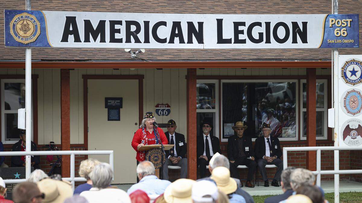 About 200 people attended the Memorial Day observance held on May 25, 2026, at the America Legion Post 66 in San Luis Obispo. Post 66 secretary Norah O’Donnell addresses the gathering.